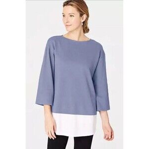 J. Jill PureJill XS Cotton Layered Tunic Blue White Resort Yacht Quiet Luxury
